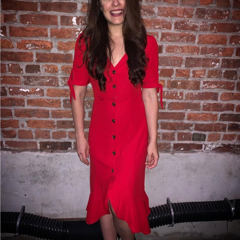 Lulus Gemma Red Button Front Tie Sleeve Ruffled Midi Dress